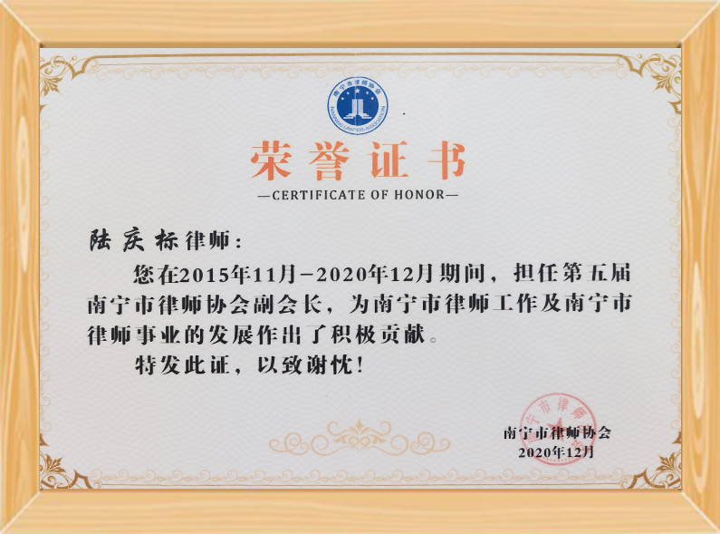第五届南宁市律协副会长（2015.11-2020.12）